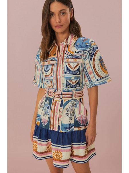 CERRADO STAMPS CREAM SHORT SLEEVE MINI DRESS