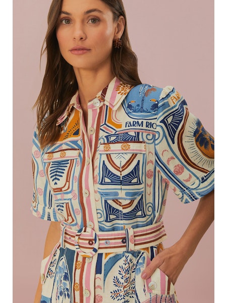 CERRADO STAMPS CREAM SHORT SLEEVE MINI DRESS