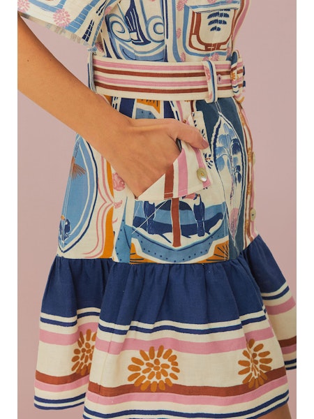 CERRADO STAMPS CREAM SHORT SLEEVE MINI DRESS