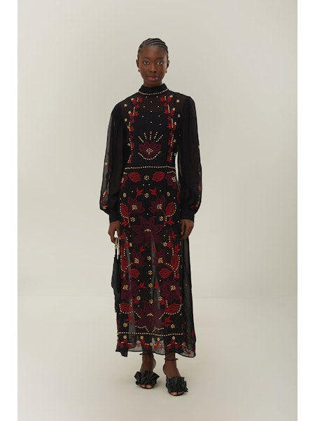 BLACK ORGANZA LONG SLEEVE MIDI DRESS
