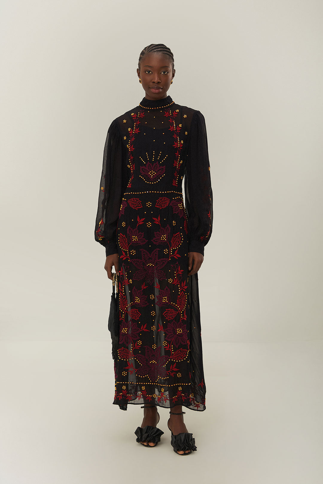 BLACK ORGANZA LONG SLEEVE MIDI DRESS