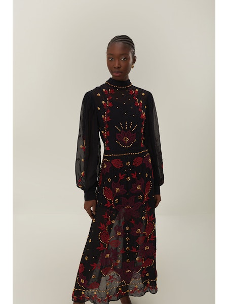 BLACK ORGANZA LONG SLEEVE MIDI DRESS