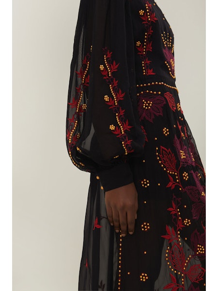 BLACK ORGANZA LONG SLEEVE MIDI DRESS