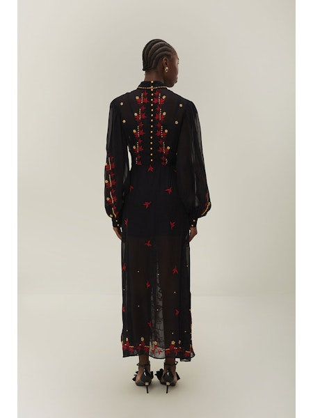 BLACK ORGANZA LONG SLEEVE MIDI DRESS