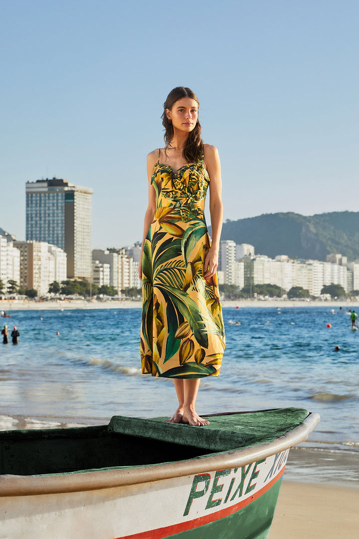 BANANART YELLOW FLOWERED BUST MIDI DRESS