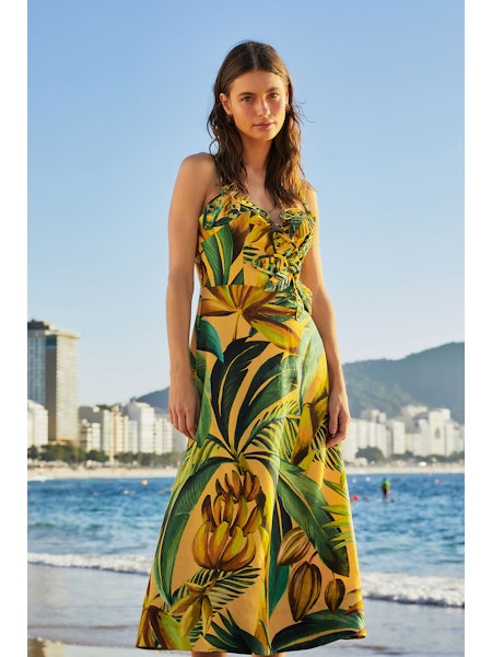 BANANART YELLOW FLOWERED BUST MIDI DRESS
