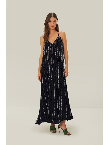 BLACK EMBROIDERED STONES PLEATED MIDI DRESS