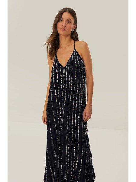 BLACK EMBROIDERED STONES PLEATED MIDI DRESS