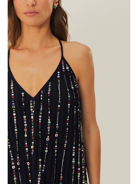 BLACK EMBROIDERED STONES PLEATED MIDI DRESS