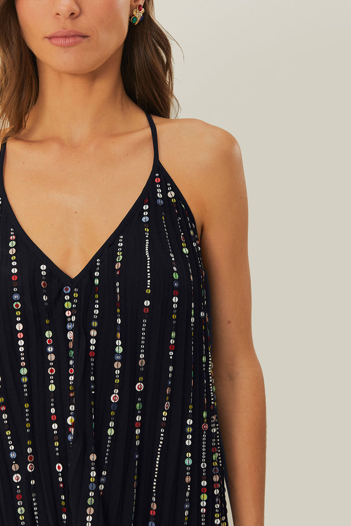 BLACK EMBROIDERED STONES PLEATED MIDI DRESS