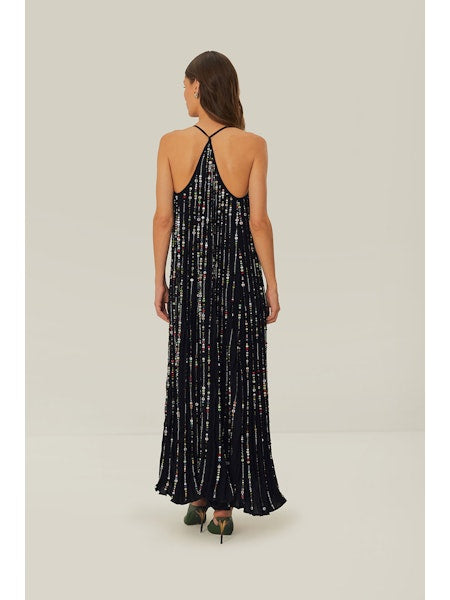 BLACK EMBROIDERED STONES PLEATED MIDI DRESS