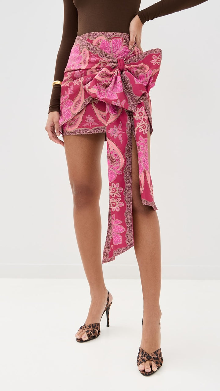 FLORAL GLAM SCARF RED TIE GATHERING MINI SKIRT