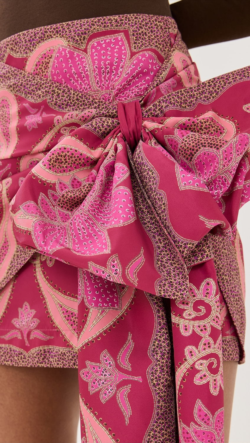 FLORAL GLAM SCARF RED TIE GATHERING MINI SKIRT