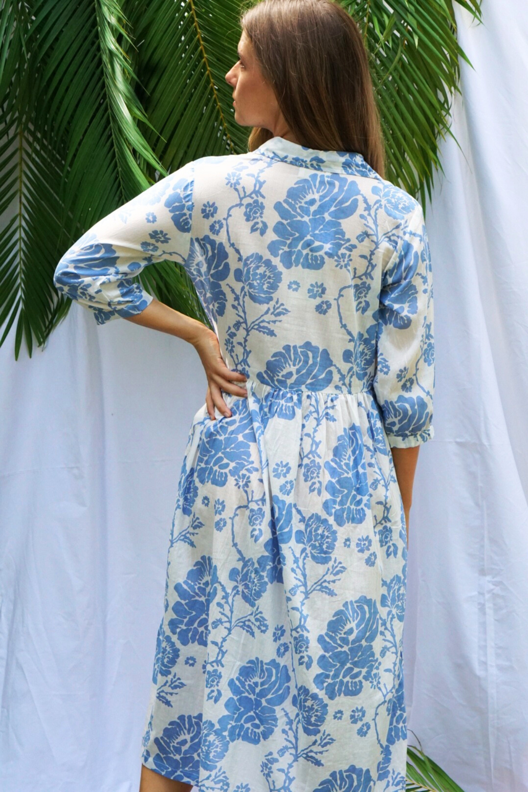 ROBE CHEMISE LONGUE FLEURS BLEUES