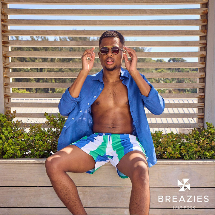 Men Swim Shorts Stripes Green White Royal Blue