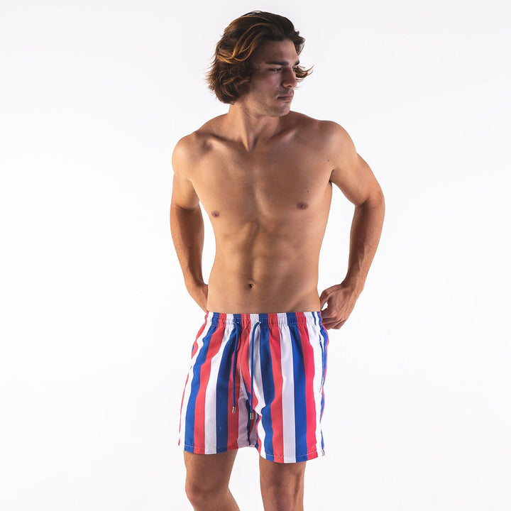 Men Stripes Swim Shorts Coral Royal Blue White