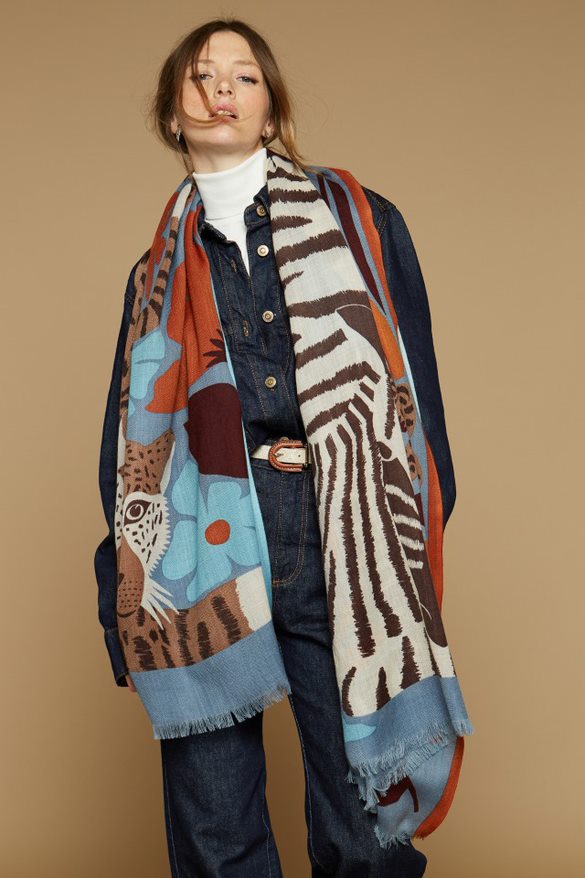 SCARF  100 FOLK BLUE