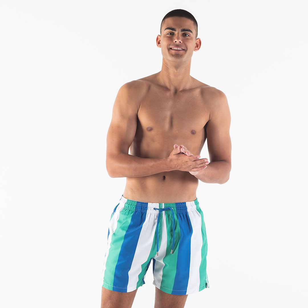 Men Swim Shorts Stripes Green White Royal Blue