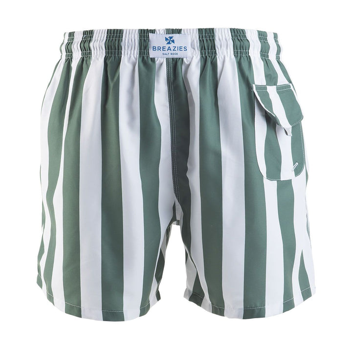 Men Swim Shorts Stripes Army Green & White