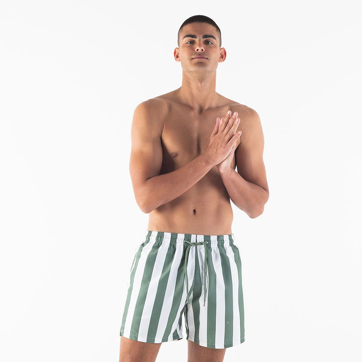 Men Swim Shorts Stripes Army Green & White